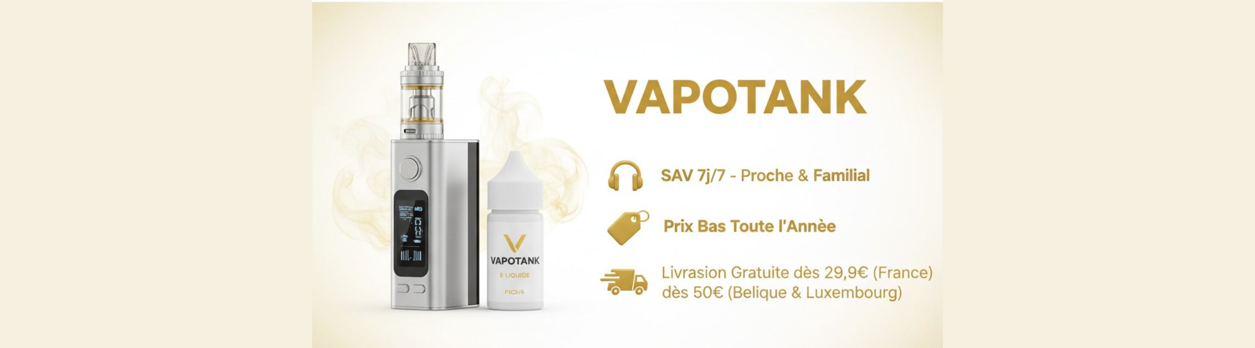 Banniere reassurance - Achetez vos e-cigarettes discount, e liquides pas chers et accessoires de vape en ligne